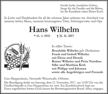Traueranzeige von Hans Wilhelm von Trauerportal Rhein Main Presse