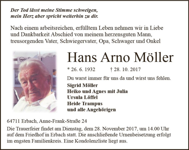  Traueranzeige für Hans Arno Möller vom 25.11.2017 aus Trauerportal Echo Online