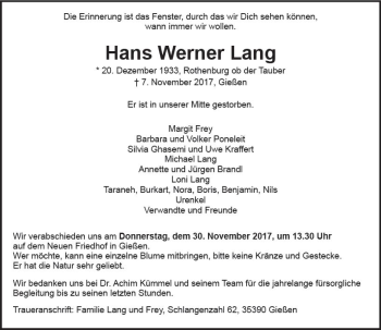 Traueranzeige von Hans Werner Lang von  Gießener Anzeiger