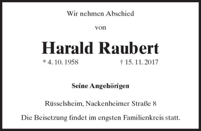  Traueranzeige für Harald Raubert vom 18.11.2017 aus Trauerportal Rhein Main Presse