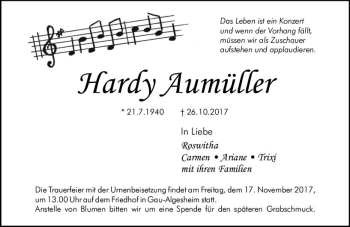 Traueranzeige von Hardy Aumüller von Trauerportal Rhein Main Presse