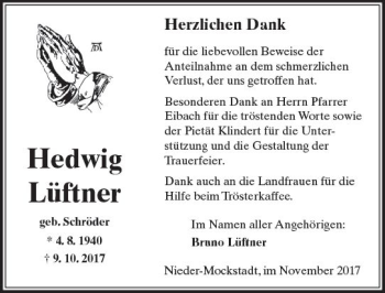 Traueranzeige von Hedwig Lüftner von  Kreisanzeiger