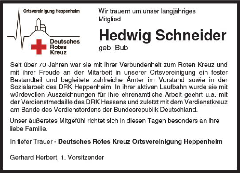  Traueranzeige für Hedwig Schneider vom 01.11.2017 aus Trauerportal Echo Online