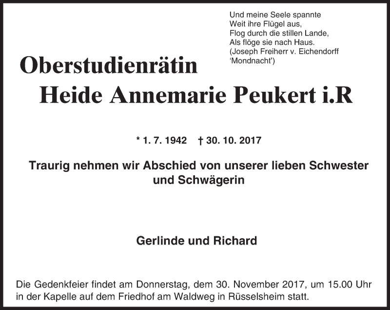  Traueranzeige für Heide Annemarie Peukert vom 18.11.2017 aus Trauerportal Echo Online