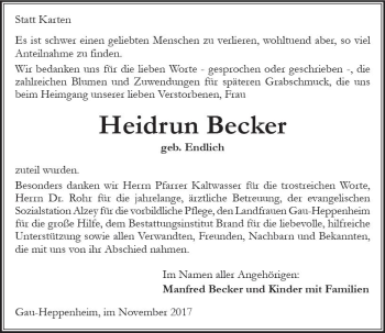 Traueranzeige von Heidrun Becker von Trauerportal Rhein Main Presse