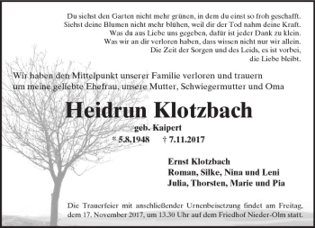 Traueranzeige von Heidrun Klotzbach von Trauerportal Rhein Main Presse
