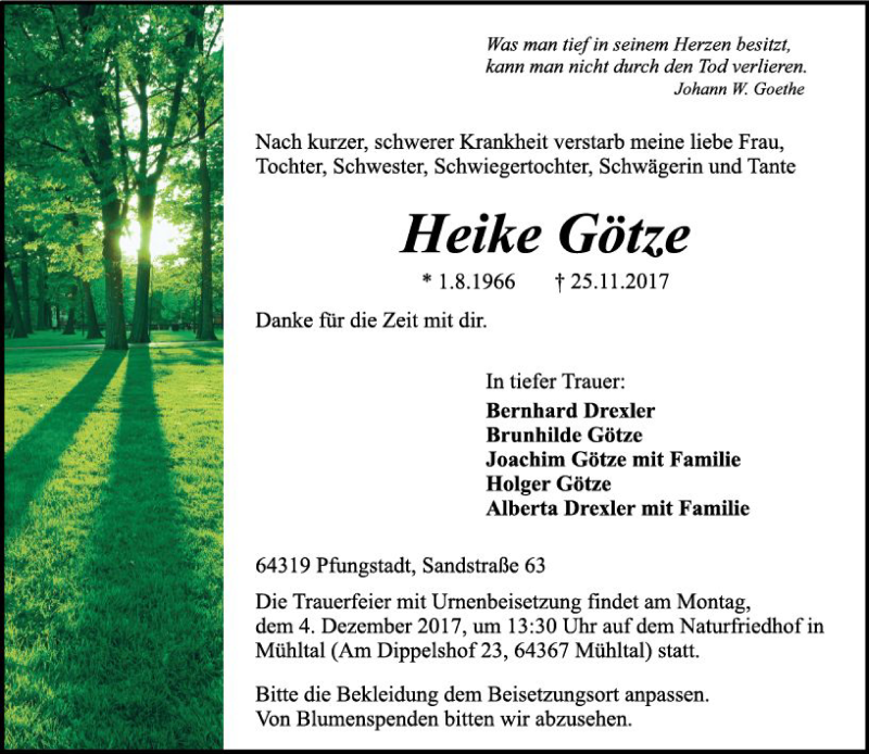  Traueranzeige für Heike Götze vom 29.11.2017 aus Trauerportal Echo Online