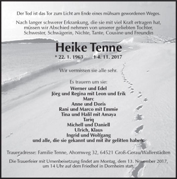 Traueranzeige von Heike Tenne von Trauerportal Echo Online