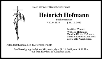 Traueranzeige von Heinrich Hofmann von  Gießener Anzeiger