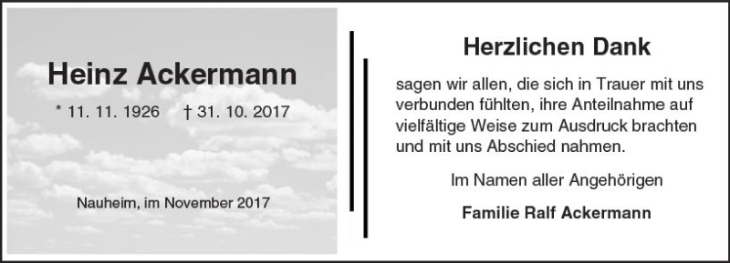  Traueranzeige für Heinz Ackermann vom 25.11.2017 aus Trauerportal Rhein Main Presse