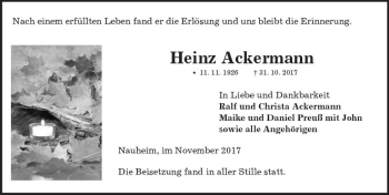 Traueranzeige von Heinz Ackermann von Trauerportal Echo Online