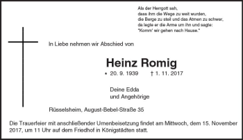 Traueranzeige von Heinz Romig von Trauerportal Rhein Main Presse