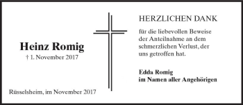 Traueranzeige von Heinz Romig von Trauerportal Rhein Main Presse