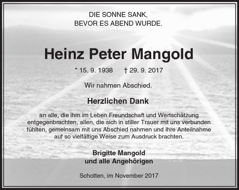  Traueranzeige für Heinz Peter Mangold vom 11.11.2017 aus  Kreisanzeiger