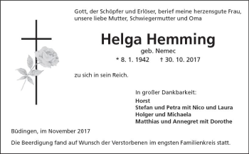 Traueranzeige von Helga Hemming von  Kreisanzeiger