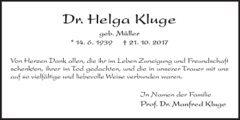 Traueranzeige von Helga Kluge von Trauerportal Echo Online