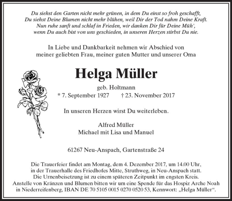  Traueranzeige für Helga Müller vom 28.11.2017 aus  Usinger Anzeiger