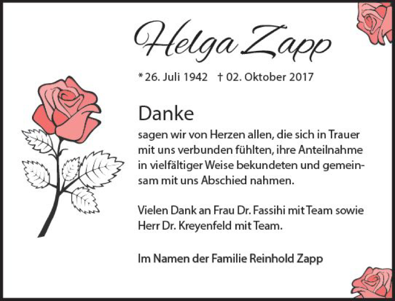  Traueranzeige für Helga Zapp vom 09.11.2017 aus  Camberger Anzeiger