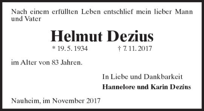  Traueranzeige für Helmut Dezius vom 14.11.2017 aus Trauerportal Rhein Main Presse