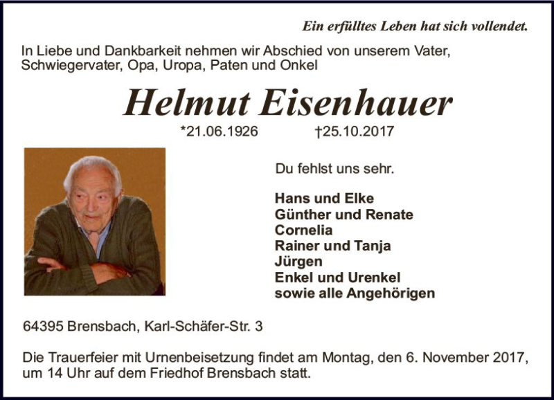  Traueranzeige für Helmut Eisenhauer vom 02.11.2017 aus Trauerportal Echo Online