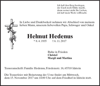 Traueranzeige von Helmut Hedenus von Trauerportal Rhein Main Presse