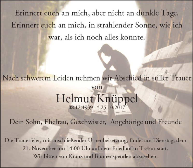  Traueranzeige für Helmut Knüppel vom 17.11.2017 aus Trauerportal Rhein Main Presse