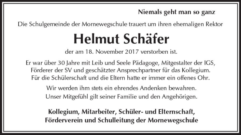  Traueranzeige für Helmut Schäfer vom 22.11.2017 aus Trauerportal Echo Online