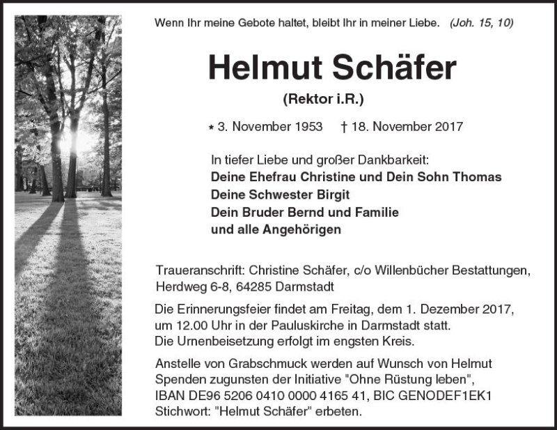 Traueranzeige für Helmut Schäfer vom 25.11.2017 aus Trauerportal Echo Online