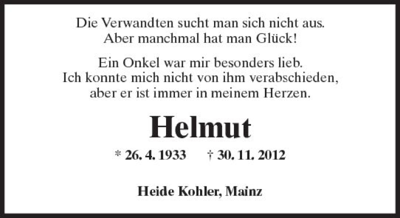  Traueranzeige für Helmut Sulzbach vom 30.11.2017 aus Trauerportal Echo Online