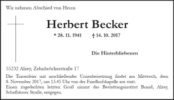 Traueranzeige von Herbert Becker von Trauerportal Rhein Main Presse