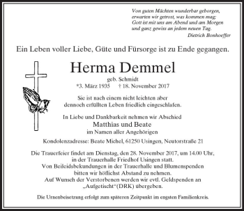 Traueranzeige von Herma Demmel von  Usinger Anzeiger