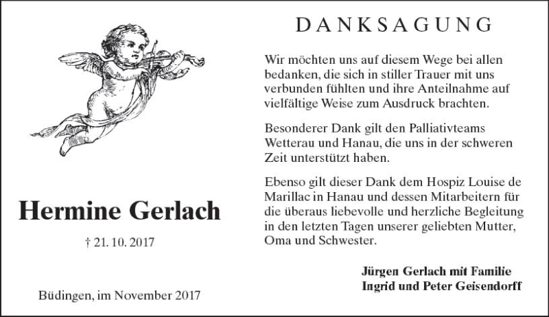  Traueranzeige für Hermine Gerlach vom 25.11.2017 aus  Kreisanzeiger