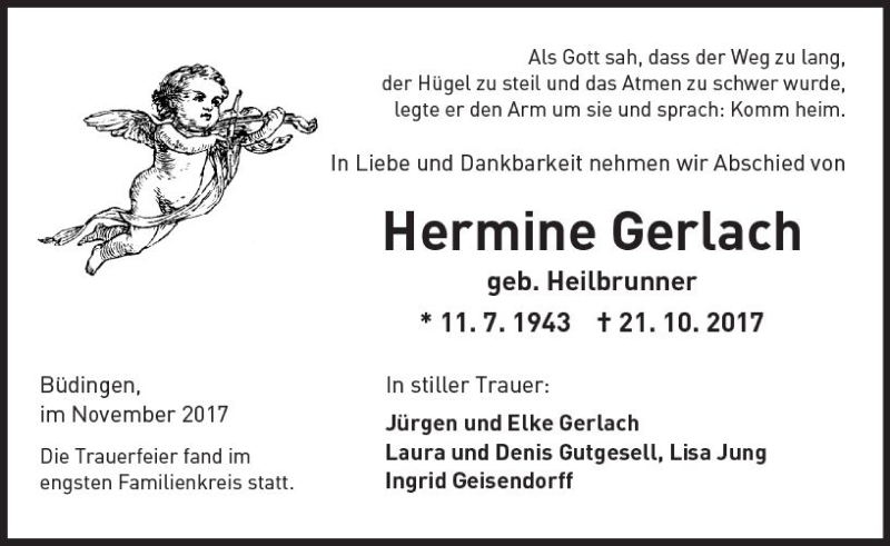  Traueranzeige für Hermine Gerlach vom 04.11.2017 aus  Kreisanzeiger
