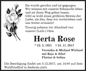 Traueranzeige von Herta Rose von Trauerportal Echo Online