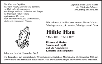 Traueranzeige von Hilde Hau von  Kreisanzeiger