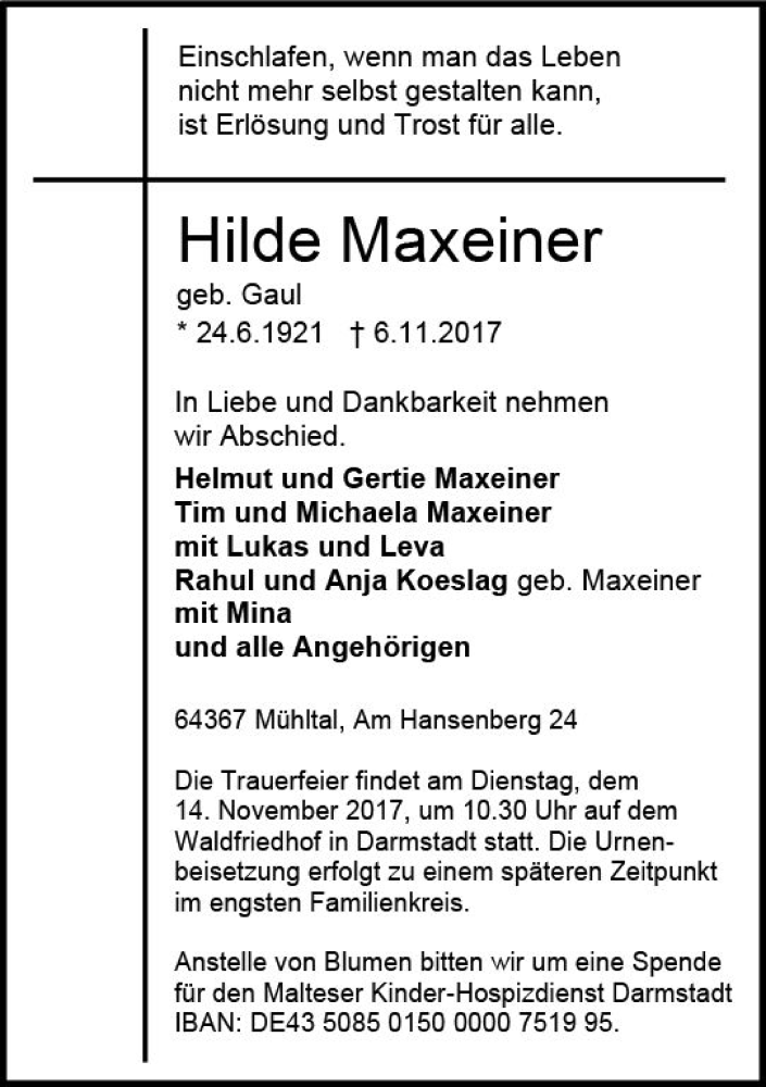  Traueranzeige für Hilde Maxeiner vom 11.11.2017 aus Trauerportal Echo Online
