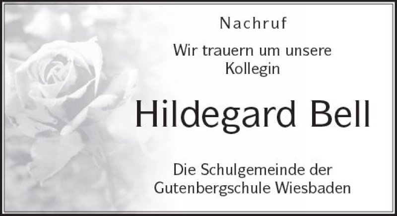  Traueranzeige für Hildegard Bell vom 11.11.2017 aus Trauerportal Rhein Main Presse