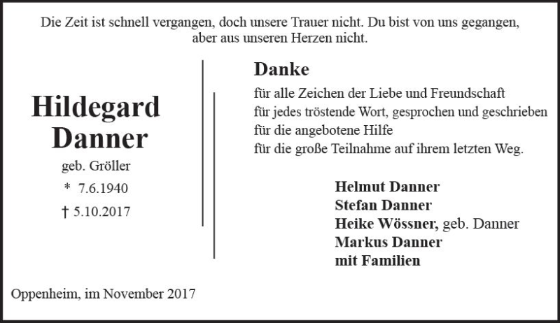 Traueranzeige für Hildegard Danner vom 18.11.2017 aus Trauerportal Rhein Main Presse