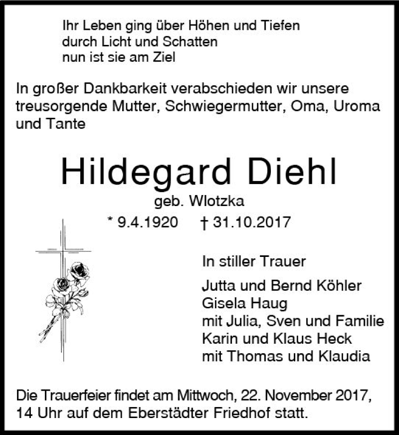 Traueranzeige für Hildegard Diehl vom 11.11.2017 aus Trauerportal Echo Online