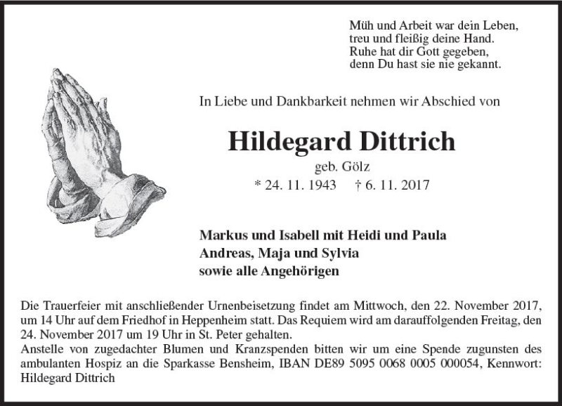  Traueranzeige für Hildegard Dittrich vom 16.11.2017 aus Trauerportal Echo Online