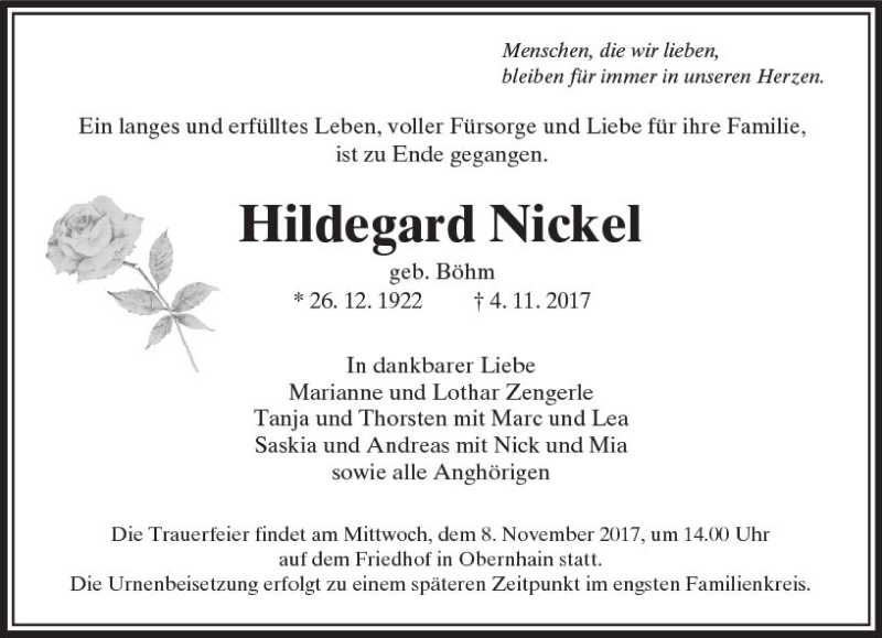  Traueranzeige für Hildegard Nickel vom 07.11.2017 aus  Usinger Anzeiger