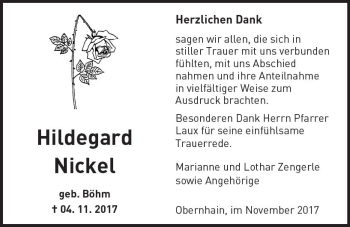 Traueranzeige von Hildegard Nickel von  Usinger Anzeiger