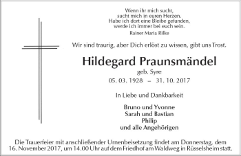 Traueranzeige von Hildegard Praunsmändel von Trauerportal Rhein Main Presse