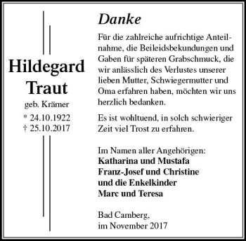 Traueranzeige von Hildegard Traut von  Camberger Anzeiger
