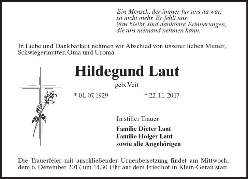  Traueranzeige für Hildegund Laut vom 29.11.2017 aus Trauerportal Echo Online