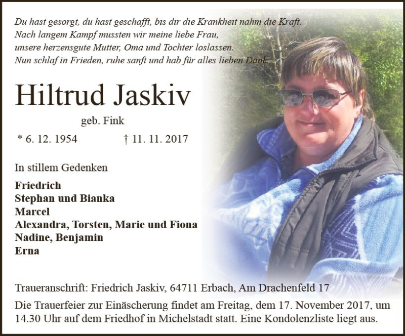  Traueranzeige für Hiltrud Jaskiv vom 15.11.2017 aus Trauerportal Echo Online
