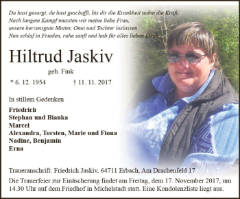 Traueranzeige von Hiltrud Jaskiv von Trauerportal Echo Online