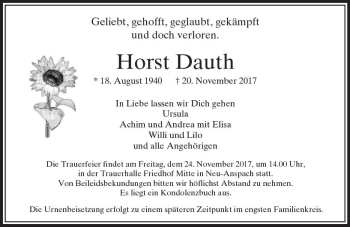 Traueranzeige von Horst Dauth von  Usinger Anzeiger