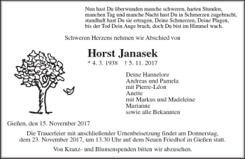 Traueranzeige von Horst Janasek von  Gießener Anzeiger