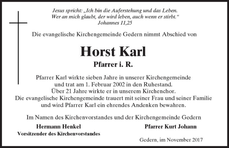  Traueranzeige für Horst Karl vom 04.11.2017 aus  Kreisanzeiger